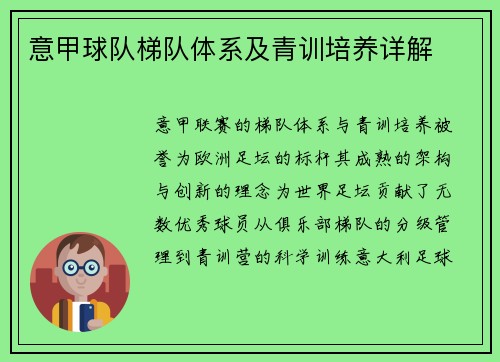 意甲球队梯队体系及青训培养详解